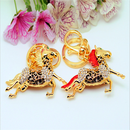 Double gold rhinestone horse keyrings-diecast metal keychains